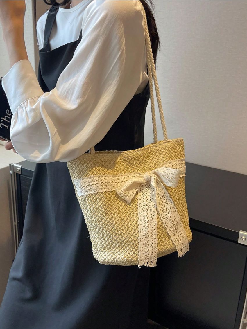Mini Bow Decor Straw Bag Vacation Double Handle