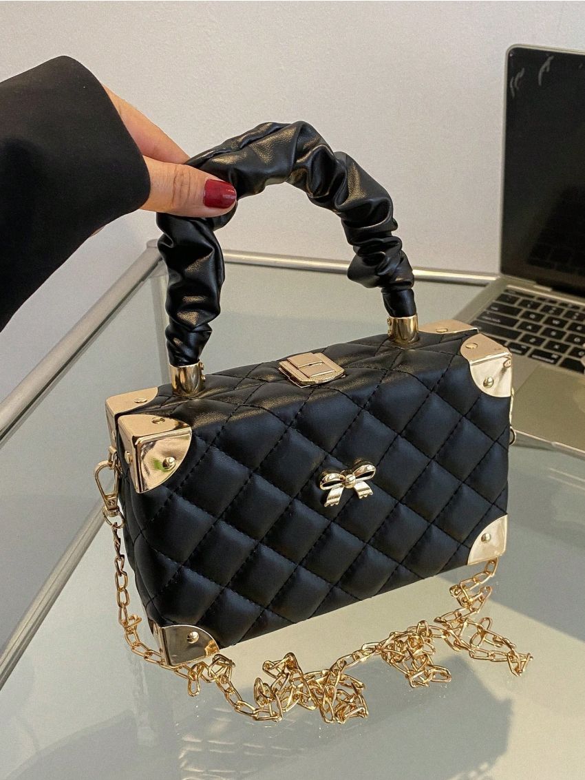 Mini Quilted Bow Decor Chain Box Bag Turn Lock