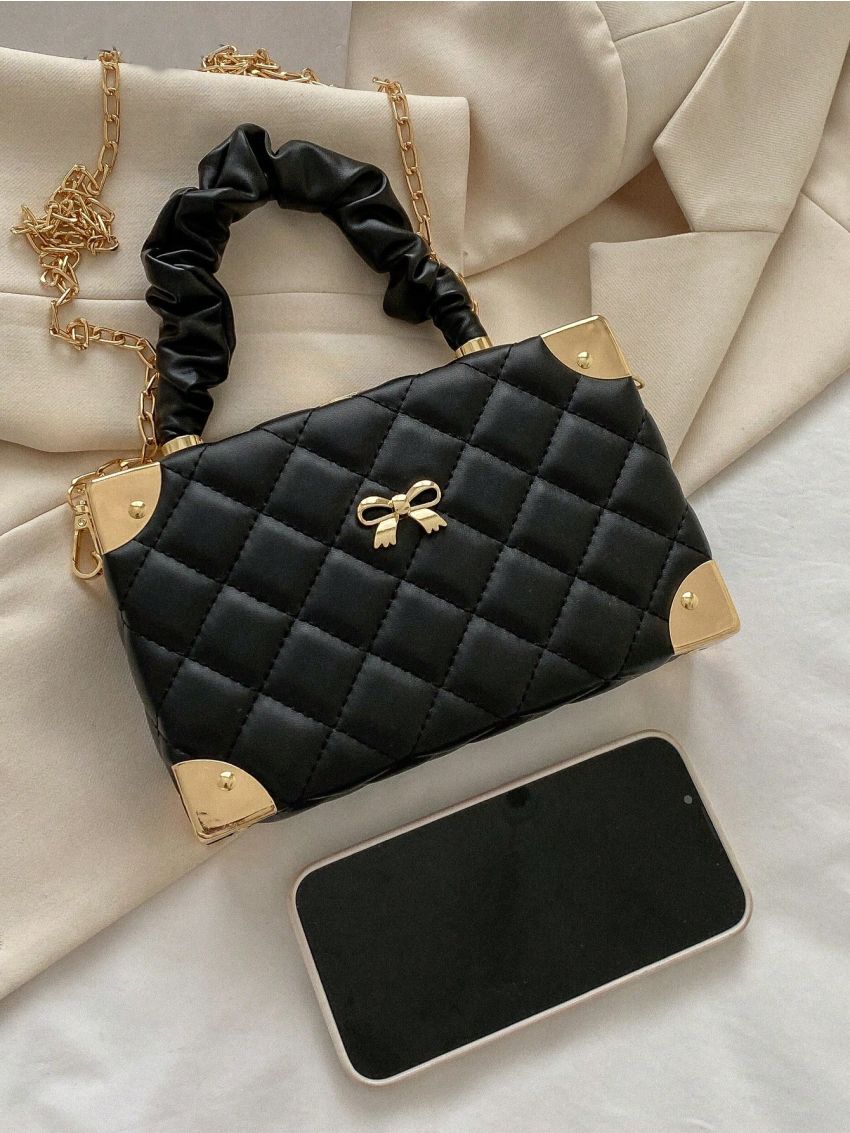 Mini Quilted Bow Decor Chain Box Bag Turn Lock