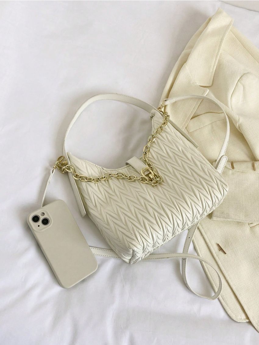 Chain Decor Hobo Bag Ruched Detail PU