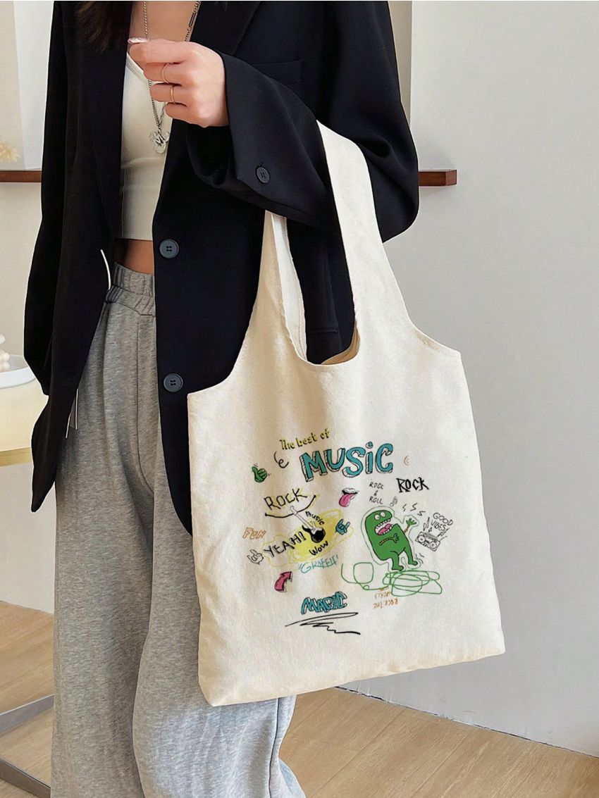 Medium Cartoon & Letter Graphic Shopper Bag Preppy