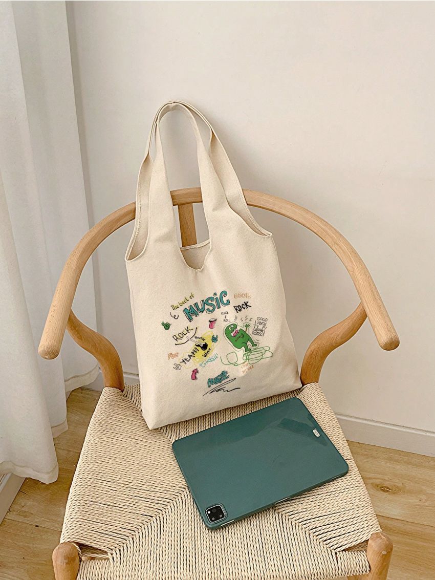 Medium Cartoon & Letter Graphic Shopper Bag Preppy