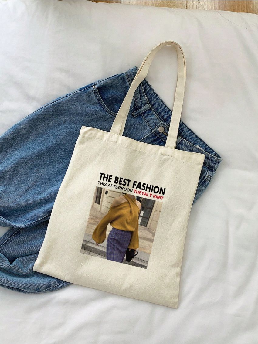 Small Letter & Graphic Pattern Shopper Bag Preppy