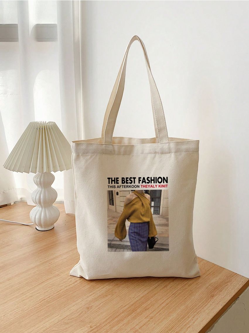 Small Letter & Graphic Pattern Shopper Bag Preppy