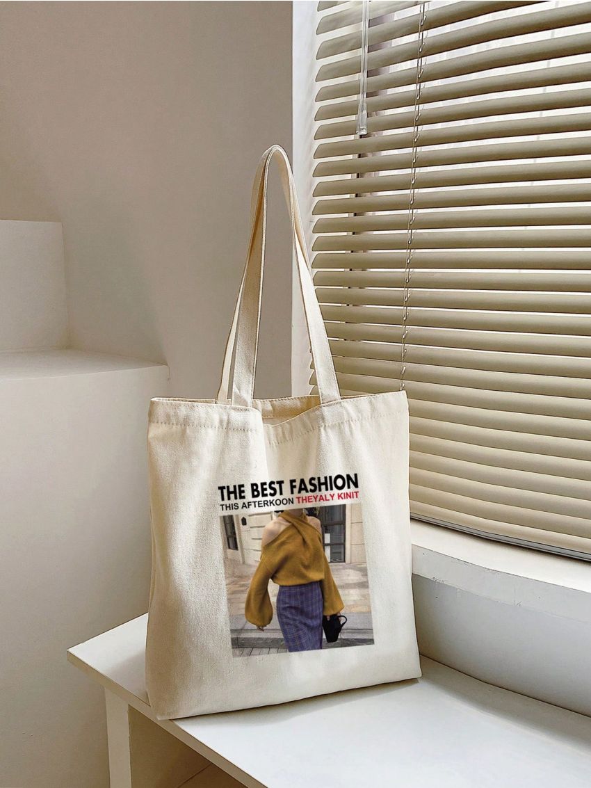 Small Letter & Graphic Pattern Shopper Bag Preppy