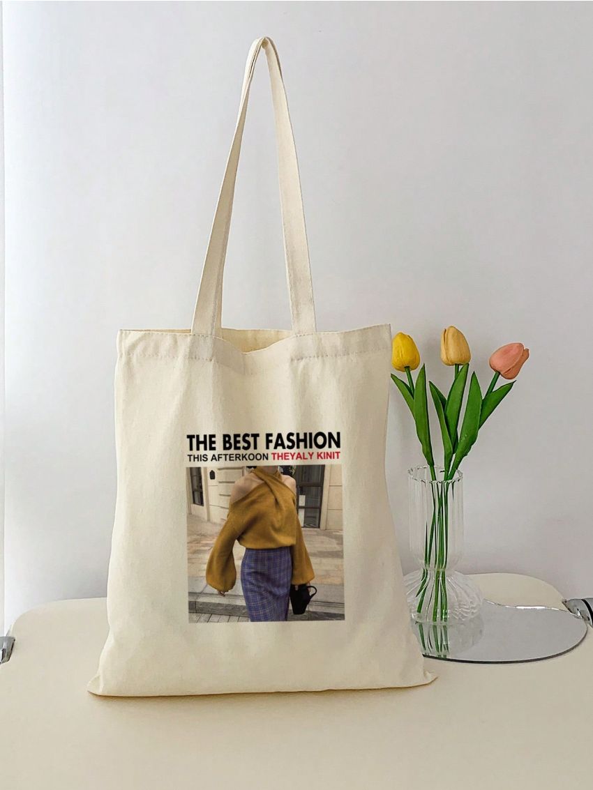 Small Letter & Graphic Pattern Shopper Bag Preppy