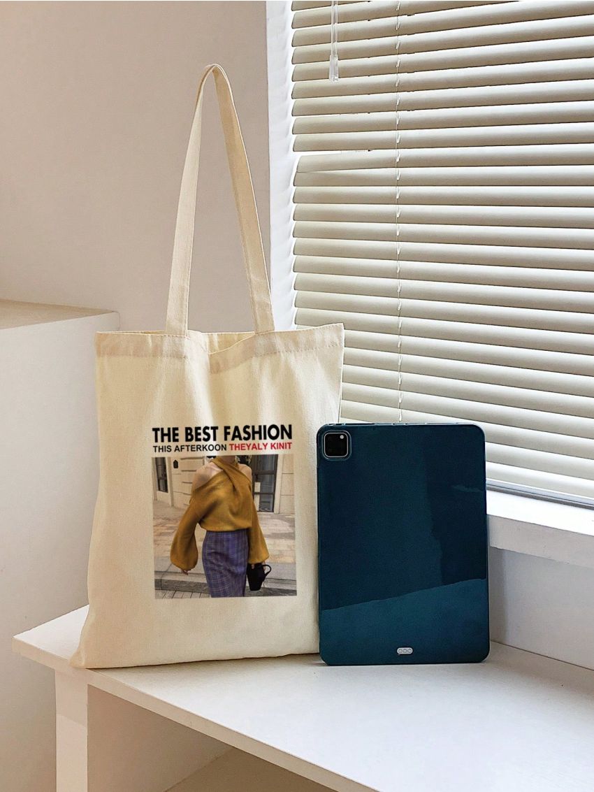 Small Letter & Graphic Pattern Shopper Bag Preppy