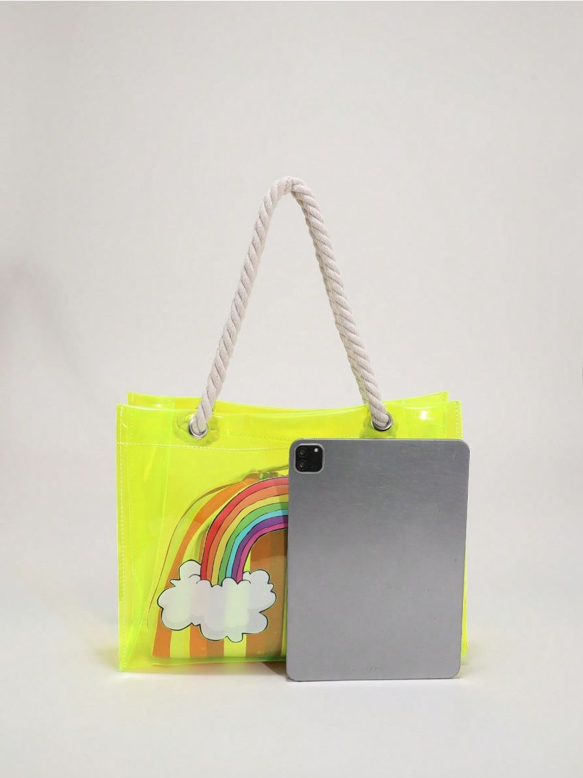 14.2 Inches Long, 5.1 Inches Wide, 10.6 Inches High Transparent PVC Rainbow Graphic Shoulder Tote Bag With Inner Pouch