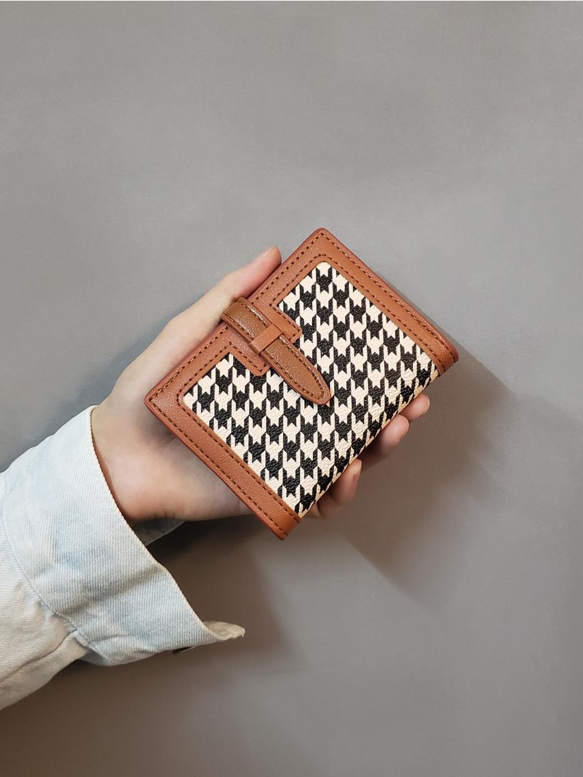 Colorblock Small Wallet Houndstooth Pattern Bifold