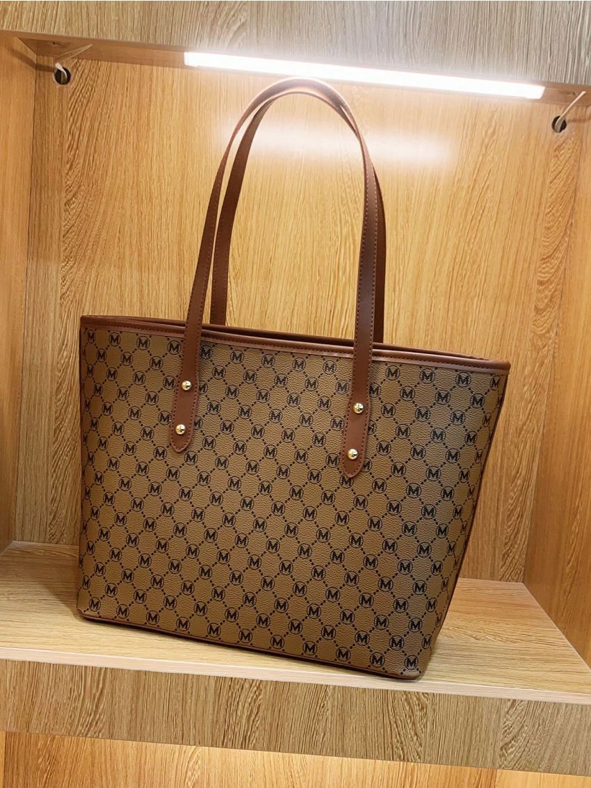 Allover Print Shoulder Tote Bag Large Capacity Contrast Binding