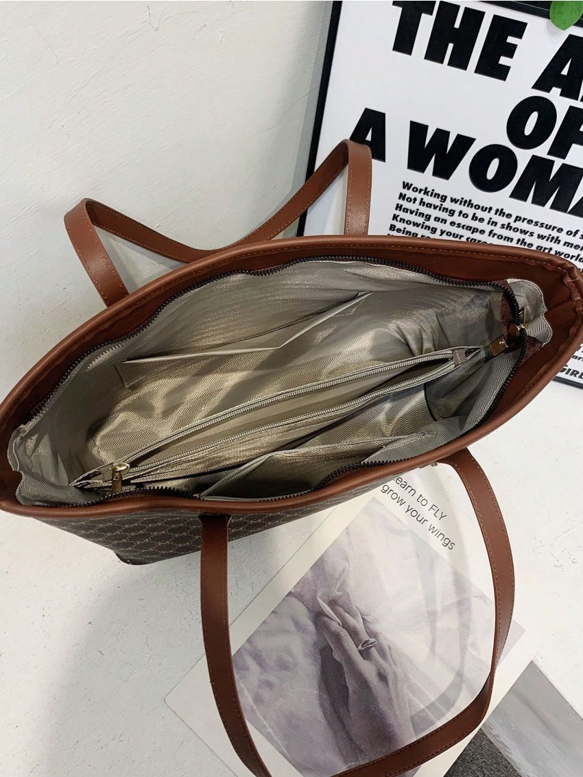 Allover Print Shoulder Tote Bag Large Capacity Contrast Binding