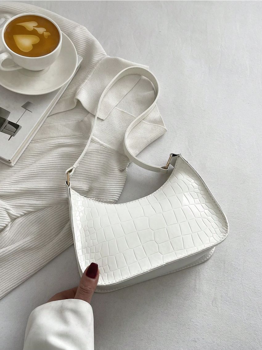 Mini Hobo Bag Geometric Embossed Minimalist White