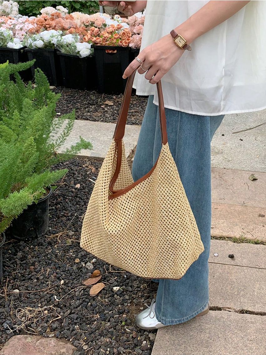 Contrast Binding Straw Bag Hollow Out Vacation Style