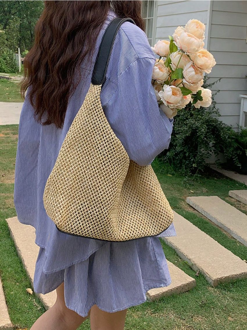 Contrast Binding Straw Bag Hollow Out Vacation Style