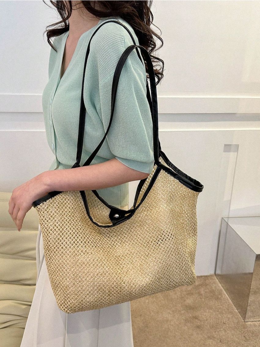Contrast Binding Straw Bag Double Handle Hollow Out