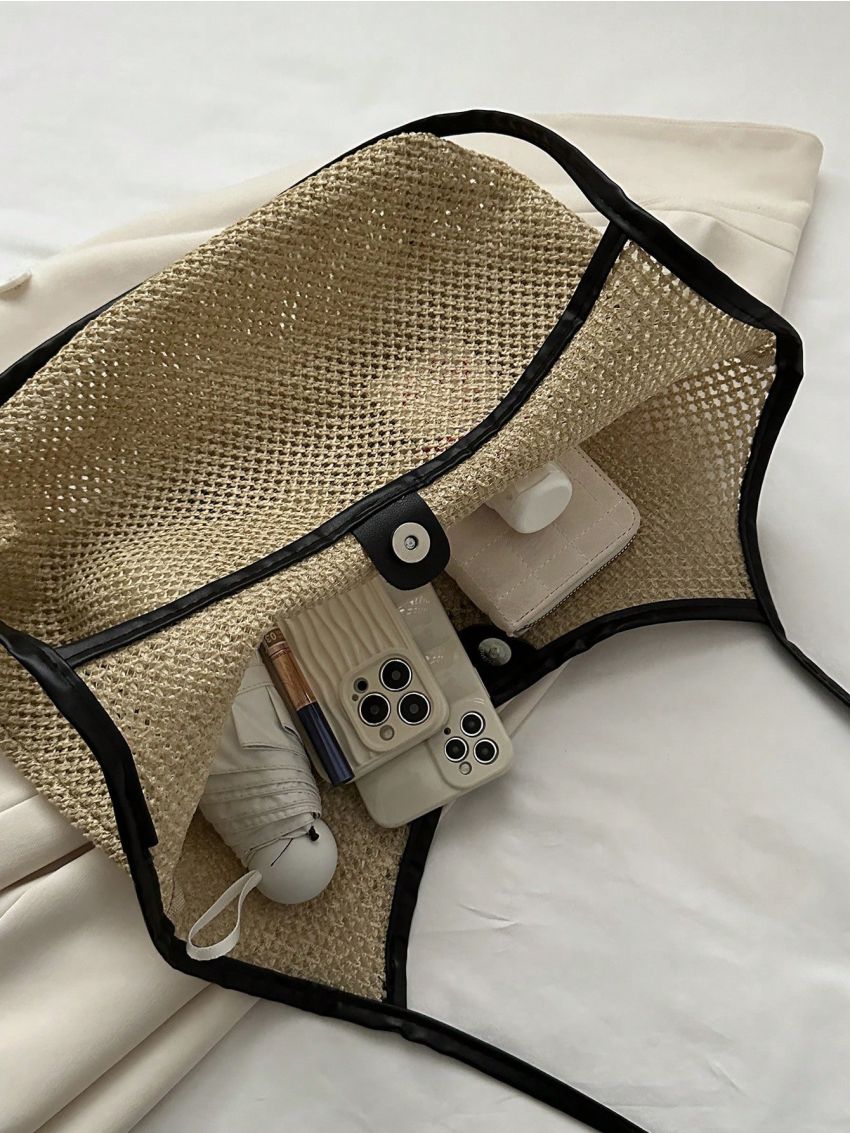 Contrast Binding Straw Bag Double Handle Hollow Out