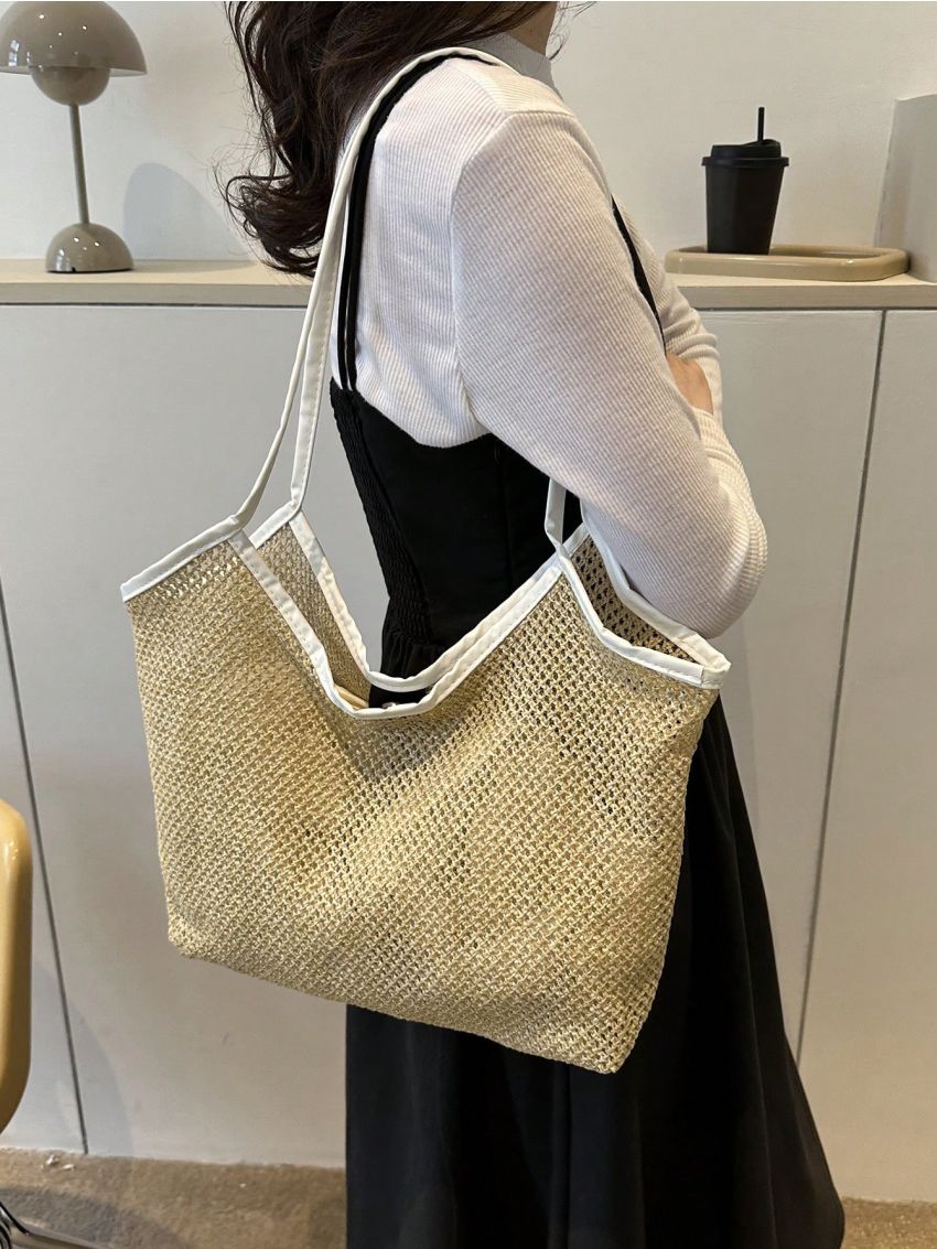 Contrast Binding Straw Bag Double Handle Hollow Out