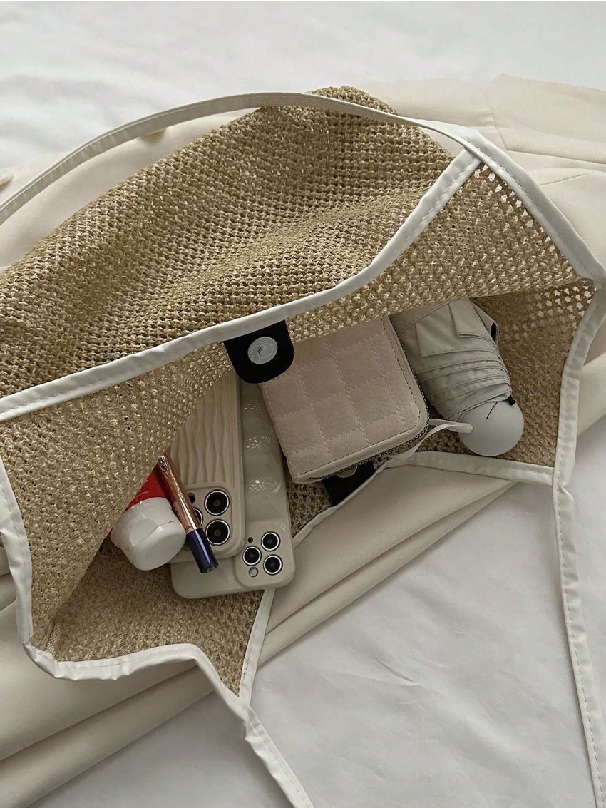 Contrast Binding Straw Bag Double Handle Hollow Out