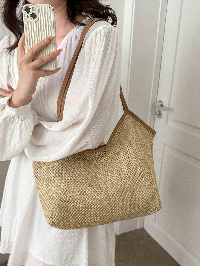 Contrast Binding Straw Bag Double Handle Hollow Out