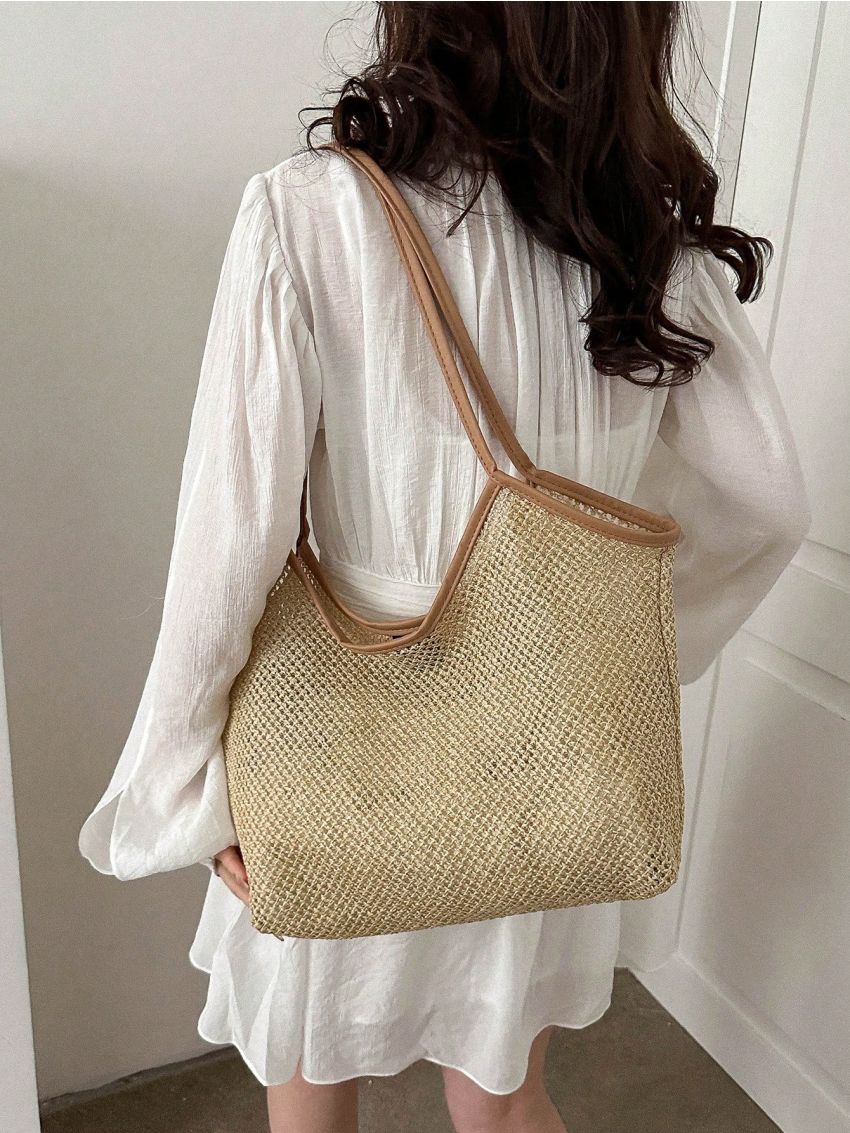 Contrast Binding Straw Bag Double Handle Hollow Out