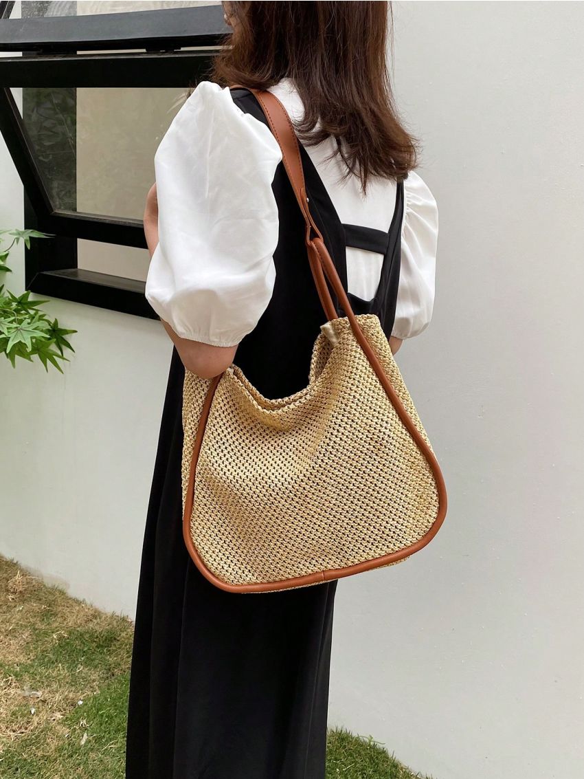 Contrast Binding Straw Bag Hollow Out Vacation