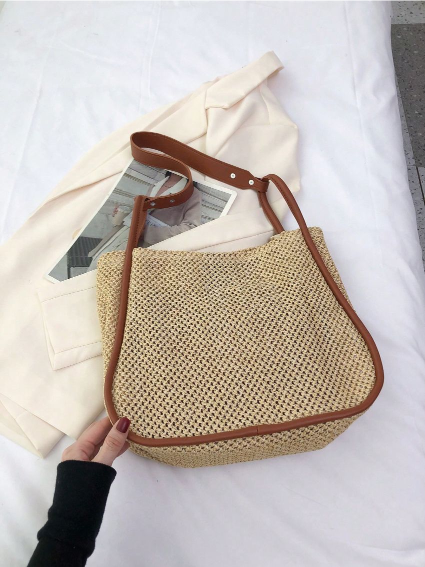 Contrast Binding Straw Bag Hollow Out Vacation