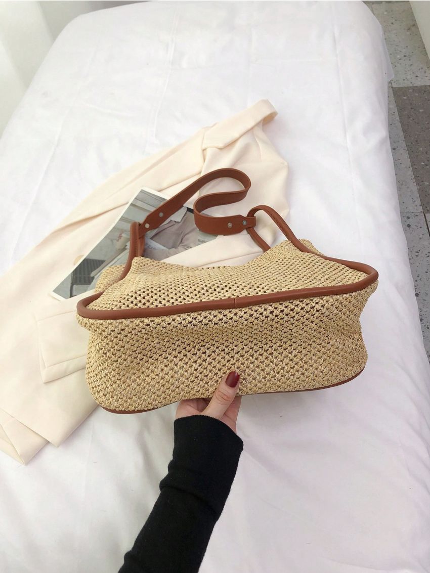 Contrast Binding Straw Bag Hollow Out Vacation