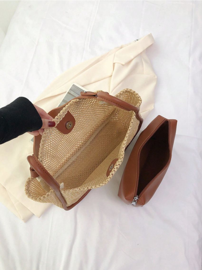 Contrast Binding Straw Bag Hollow Out Vacation