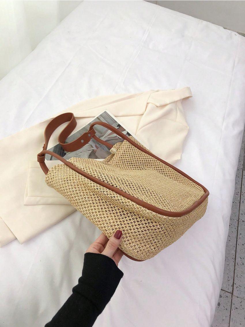 Contrast Binding Straw Bag Hollow Out Vacation