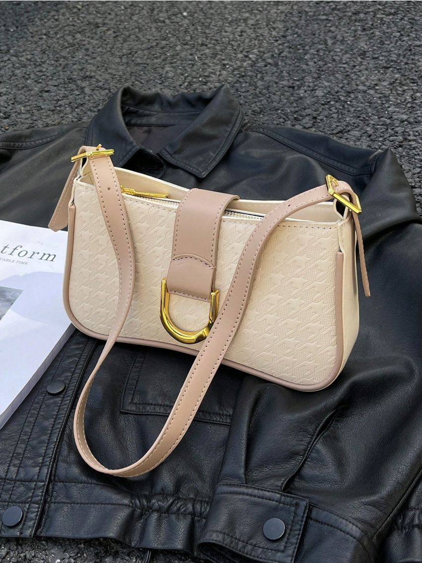 Geometric Embossed Shoulder Bag Metal Decor