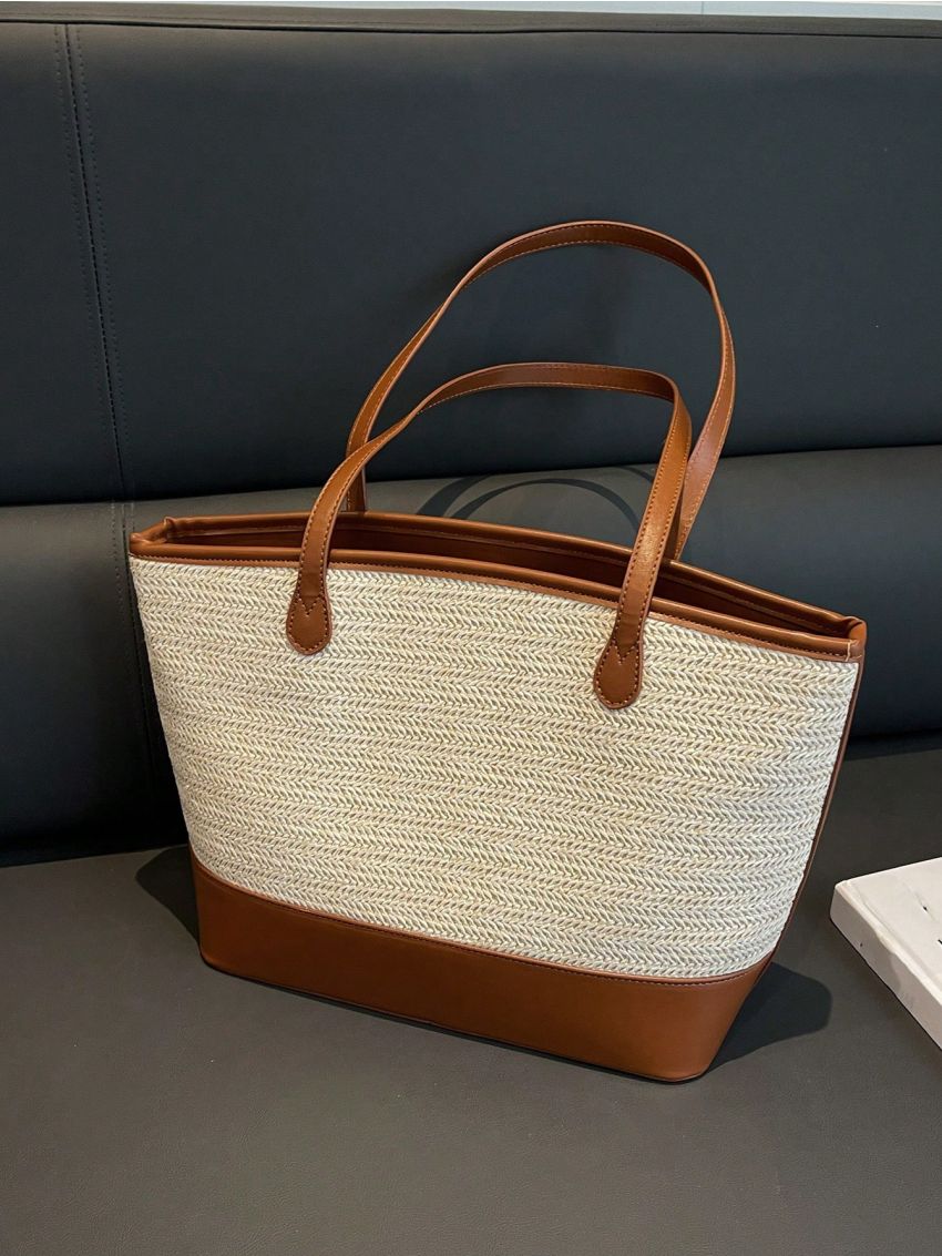 Two Tone Straw Bag Contrast Binding Double Handle