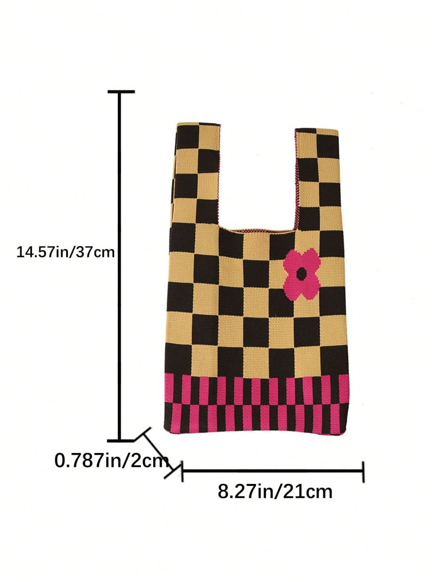 Checkered Pattern Crochet Bag Flower Decor