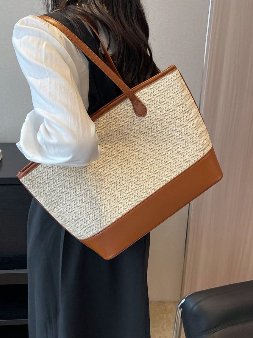 Two Tone Straw Bag Contrast Binding Double Handle