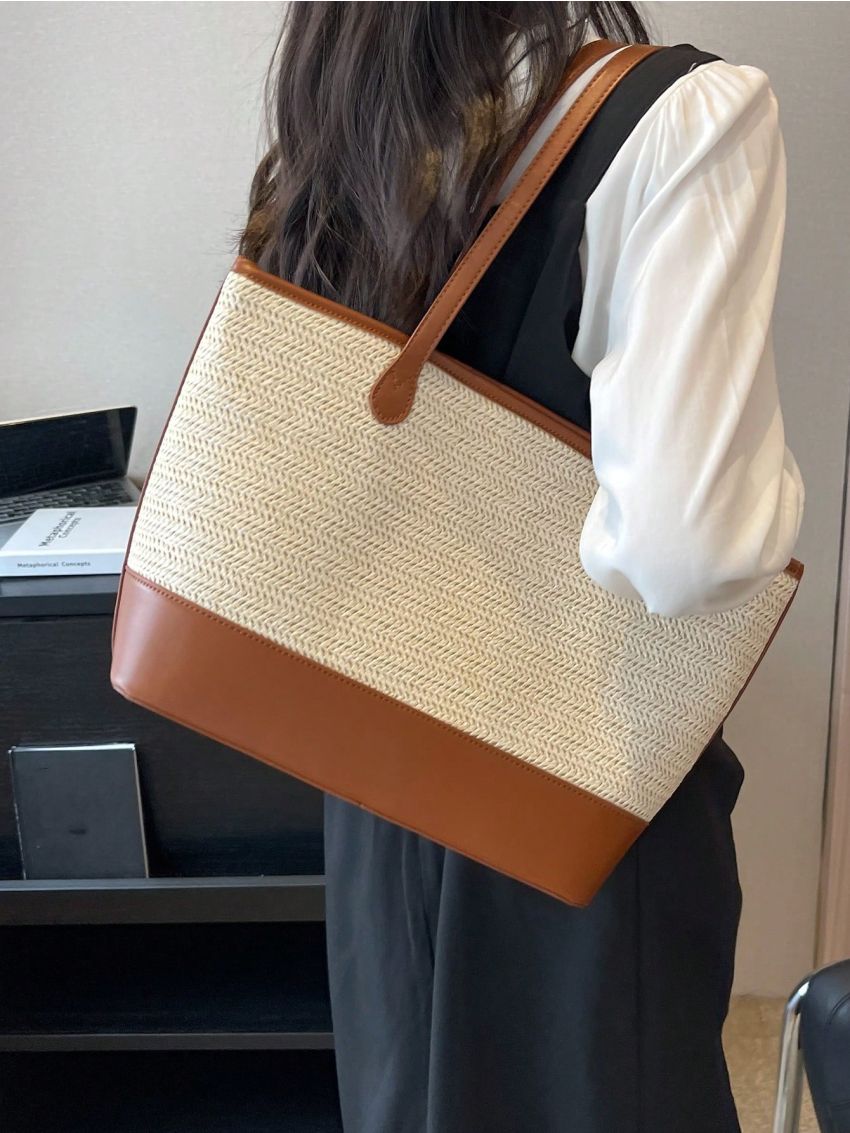 Two Tone Straw Bag Contrast Binding Double Handle