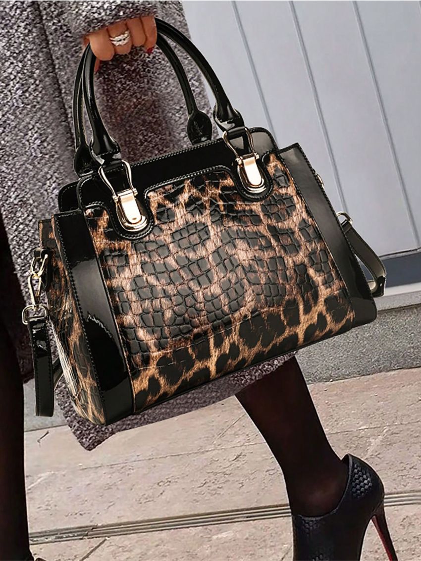 Leopard Pattern Tote Bag Genuine Leather