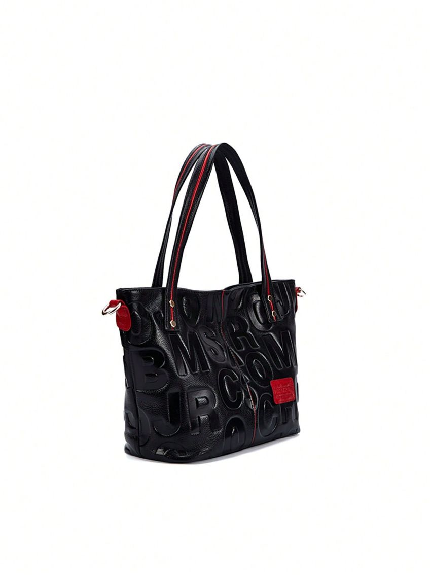 Letter Graphic Satchel Bag Genuine Leather