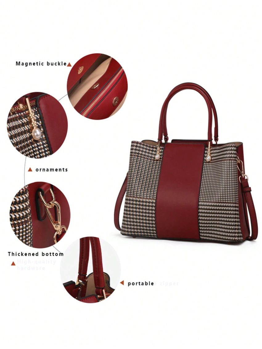 Houndstooth Pattern Tote Bag Genuine Leather