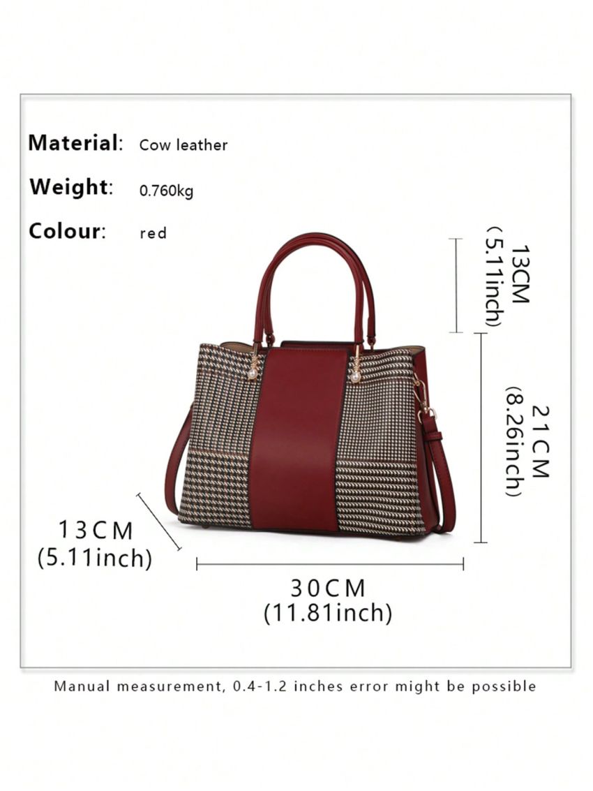 Houndstooth Pattern Tote Bag Genuine Leather