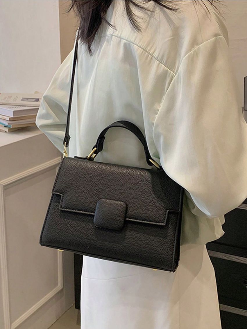 Litchi Embossed Flap Square Bag Solid Color Top Handle