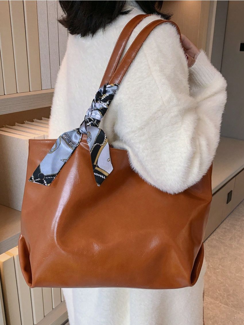 Large Capacity Solid Color Shoulder Tote Bag Double Handle