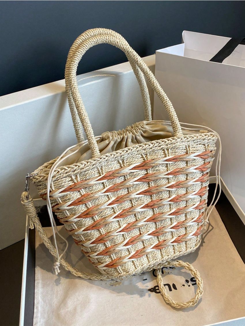 Drawstring Design Straw Bag Colorblock Vacation Style