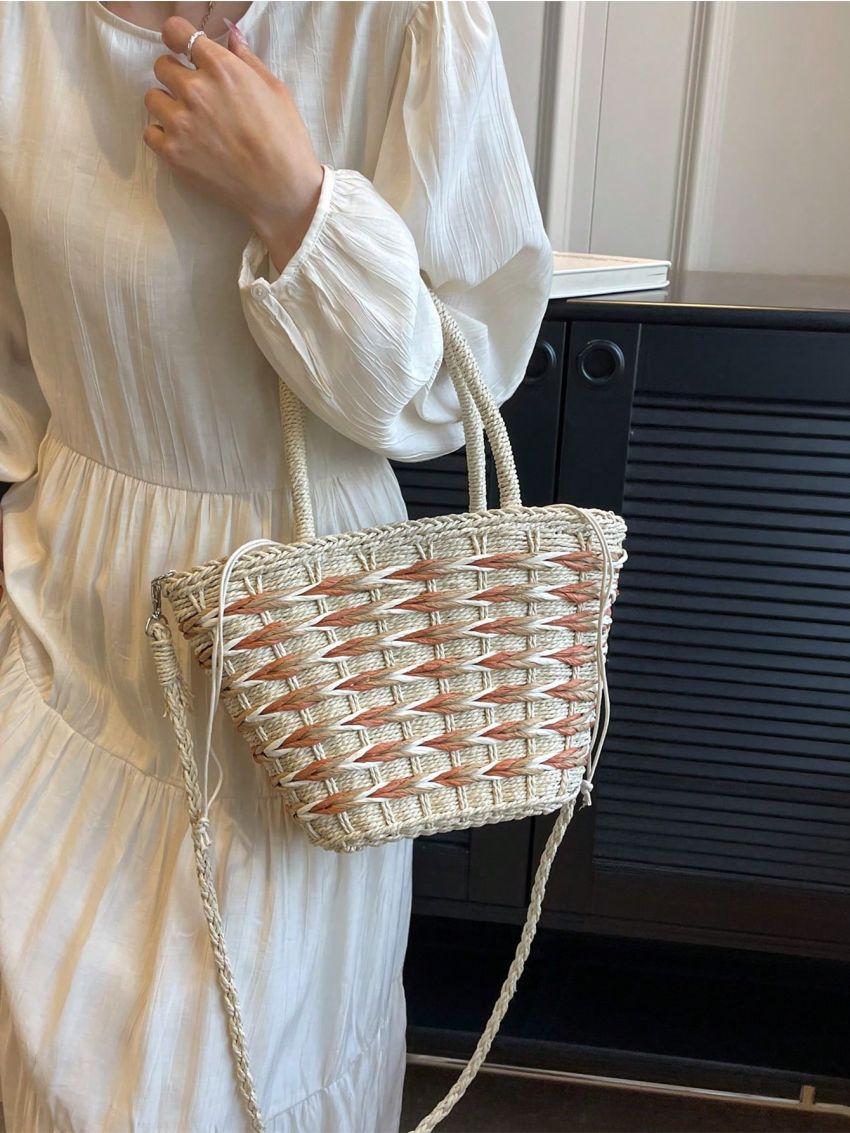 Drawstring Design Straw Bag Colorblock Vacation Style