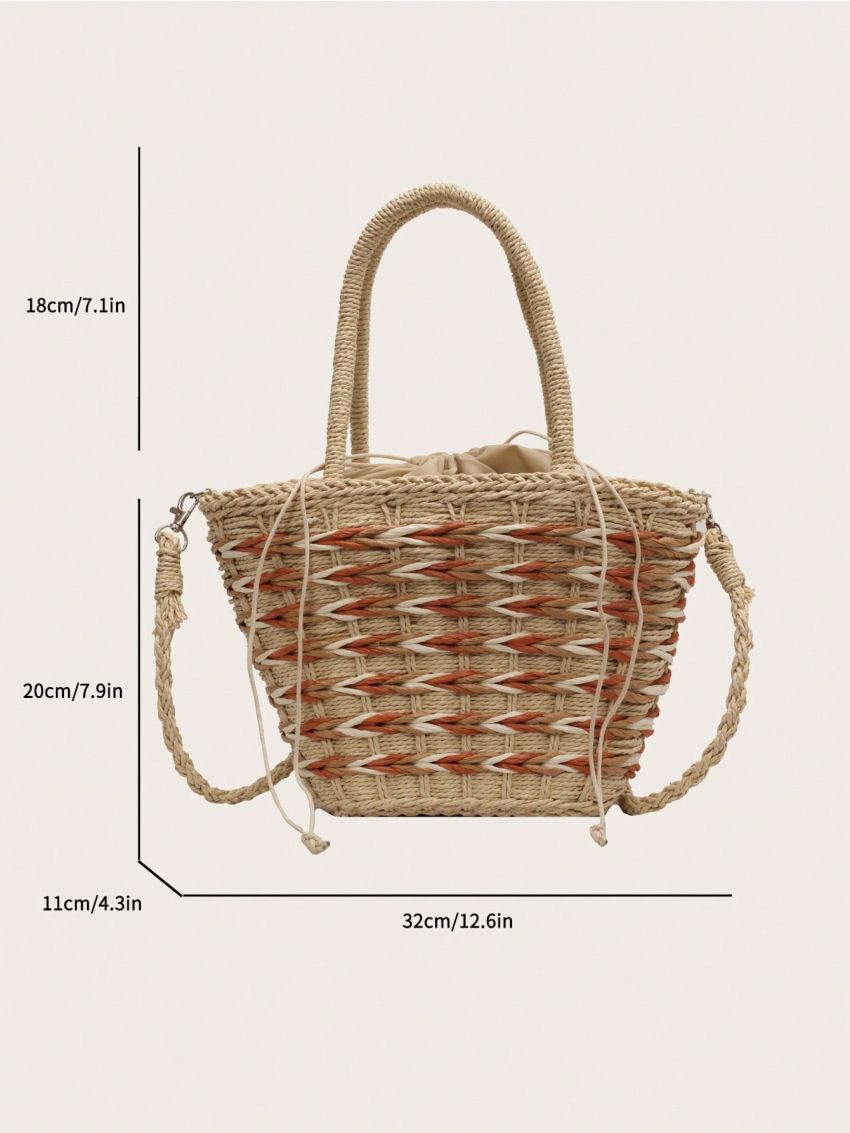 Drawstring Design Straw Bag Colorblock Vacation Style