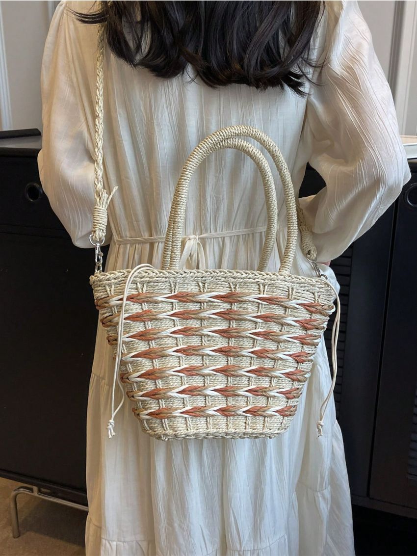 Drawstring Design Straw Bag Colorblock Vacation Style