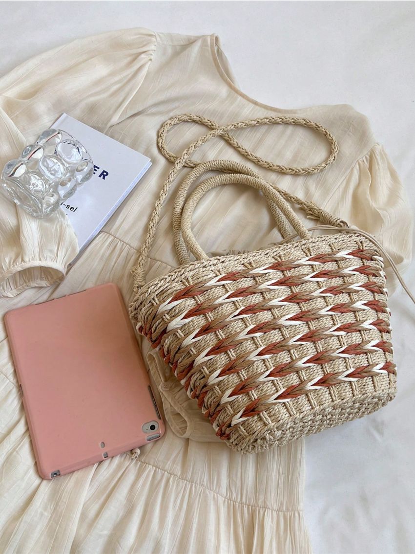 Drawstring Design Straw Bag Colorblock Vacation Style