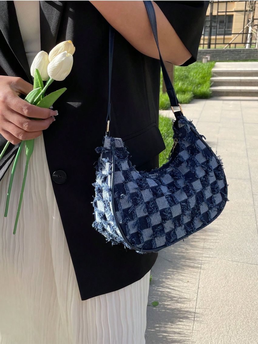 Plaid Pattern Hobo Bag Raw Hem Small