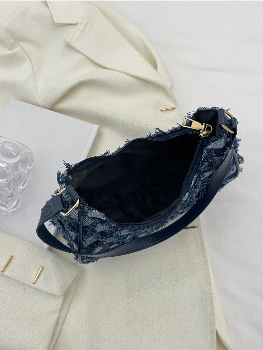 Plaid Pattern Hobo Bag Raw Hem Small