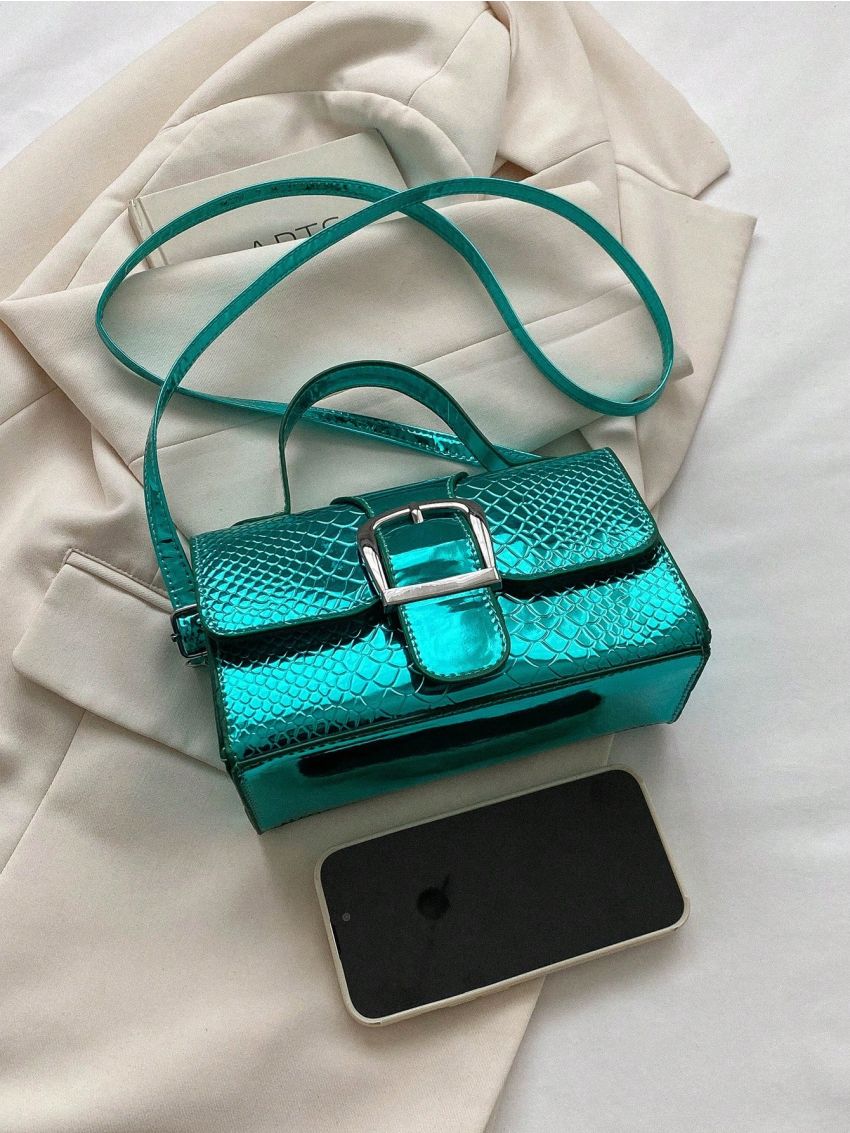 Simple Crocodile Pattern Handbag 2023 New Fashion Square Bag Metallic Funky