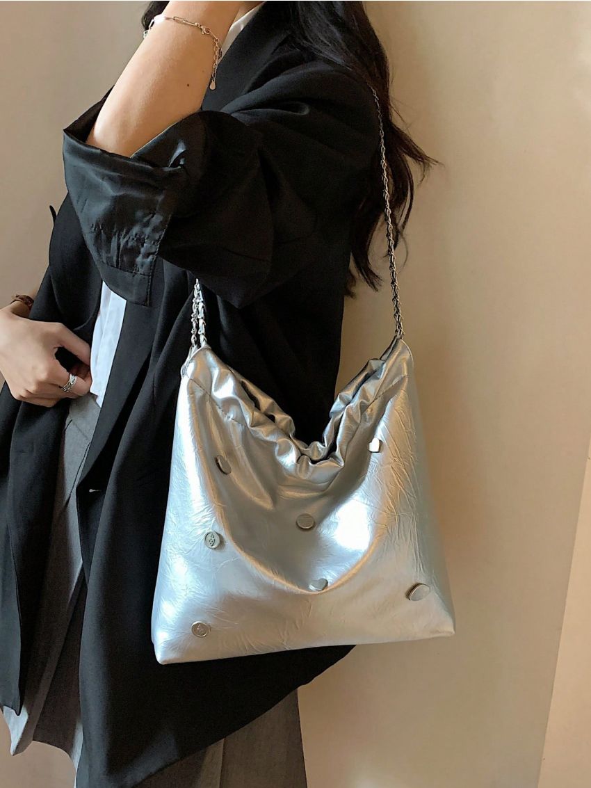 Studded Decor Hobo Bag Chain Strap Pink