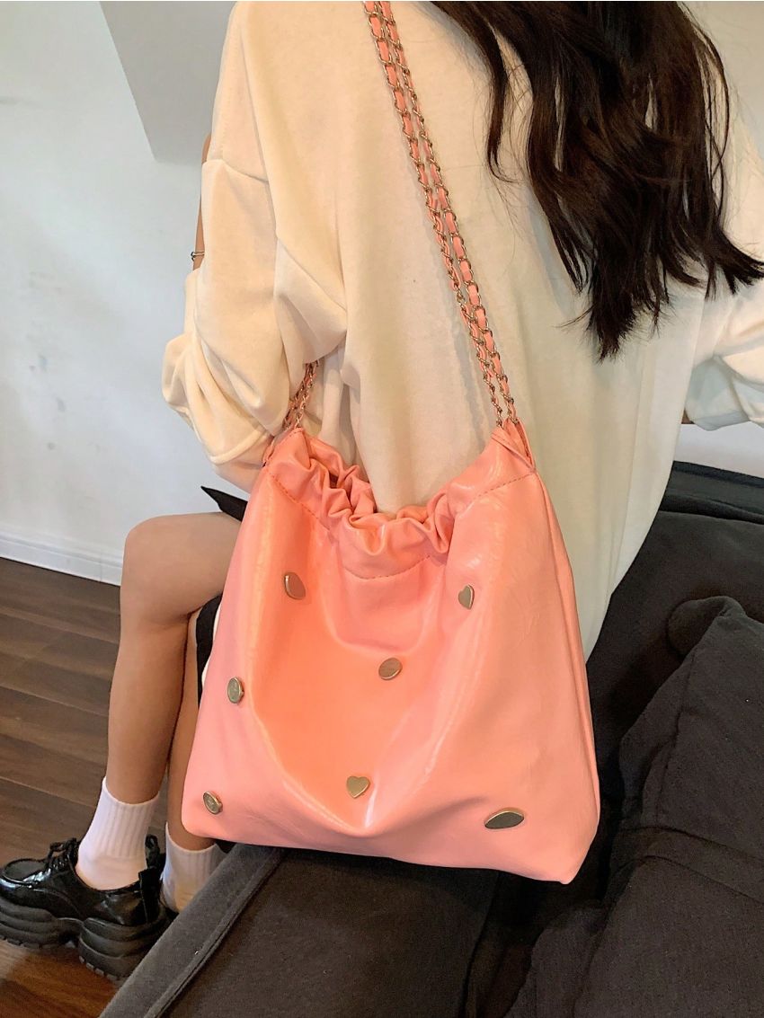 Studded Decor Hobo Bag Chain Strap Metallic Funky